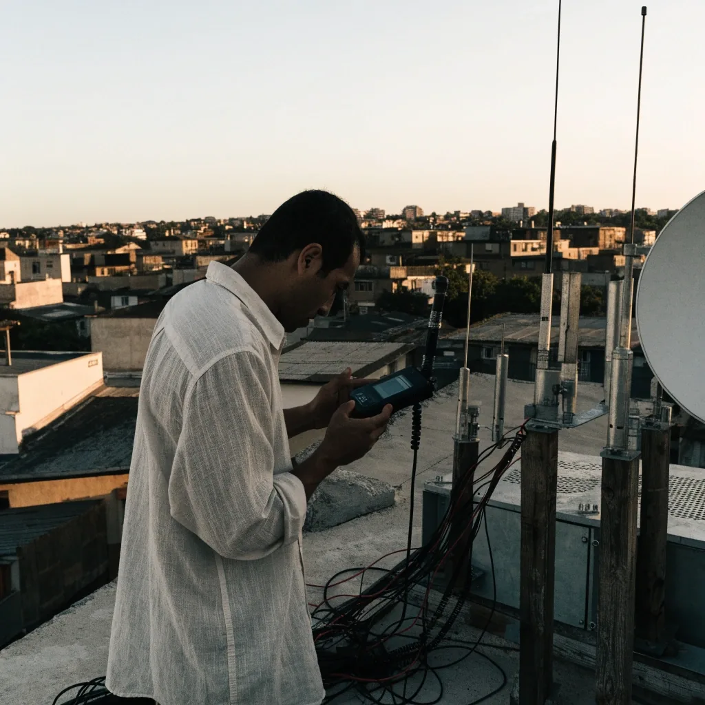 Antenas de telefonía móvil sobre una azotea al atardecer, con edificios bajos al fondo