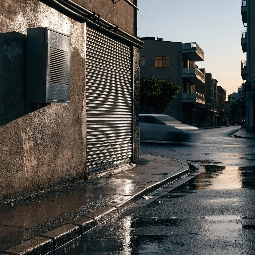 Esquina de una calle de San José al anochecer, con una caja de acceso de telecomunicaciones en la pared y el pavimento mojado