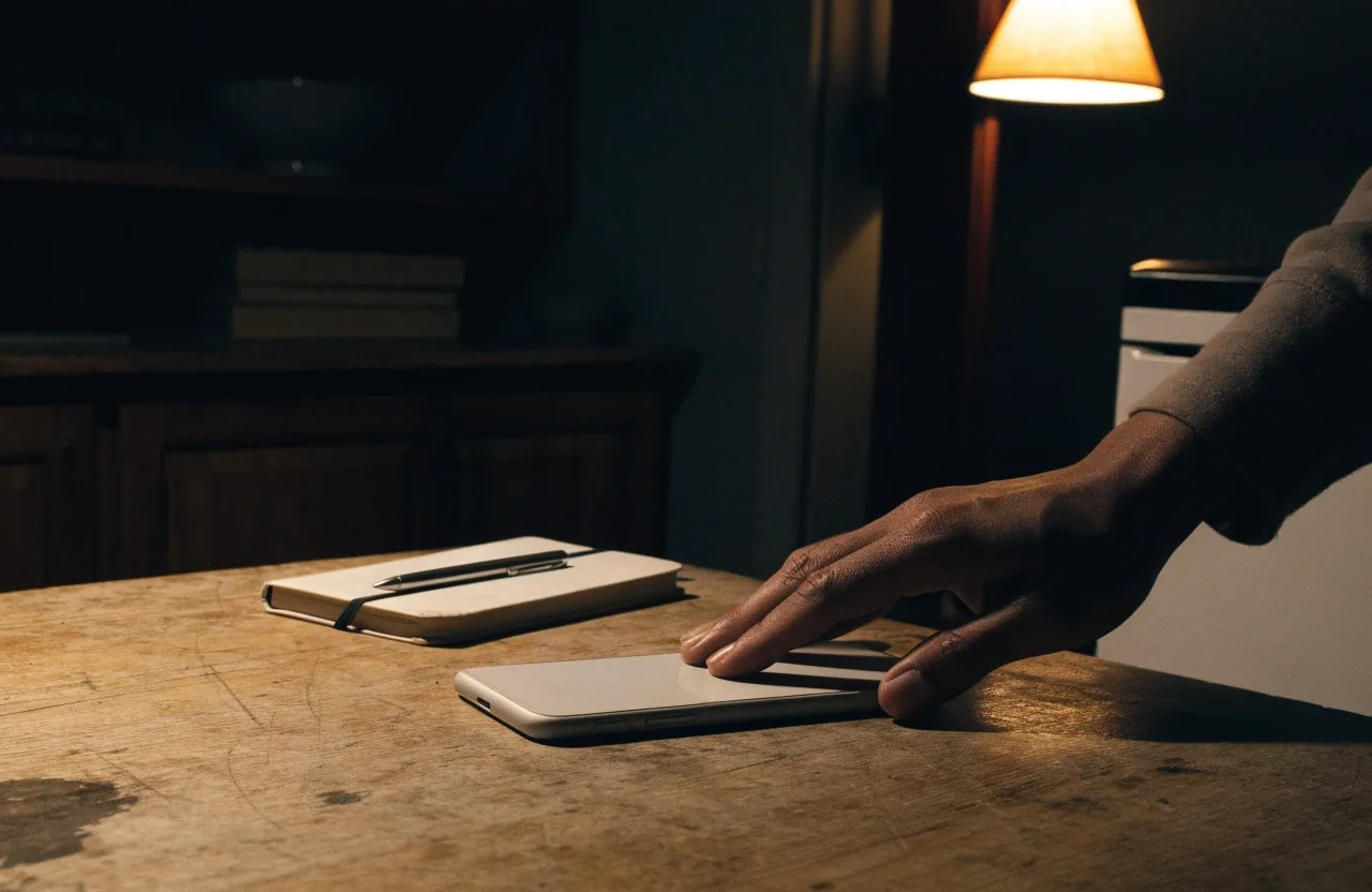 Mano sosteniendo un teléfono con la pantalla hacia abajo sobre una mesa de cocina, con un cuaderno al lado