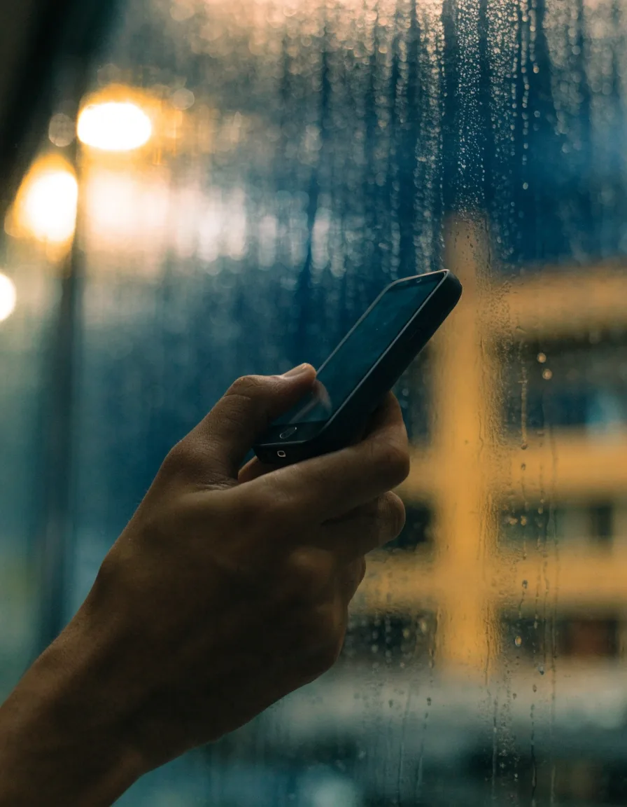 Caja de acceso de telecomunicaciones en una pared exterior de San José al atardecer, con pavimento mojado