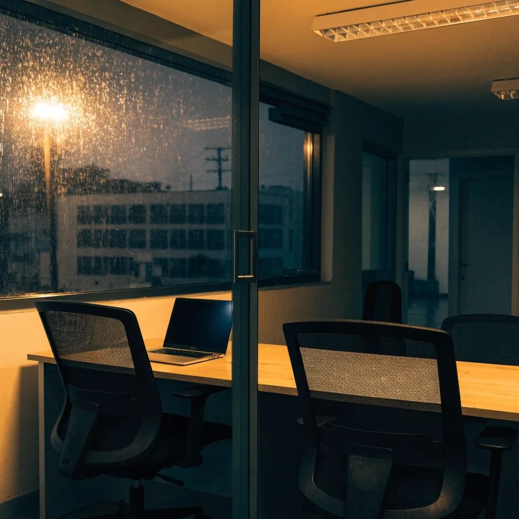 Oficina pequeña en San José con mampara de vidrio, lluvia en la ventana y una silla retirada del escritorio