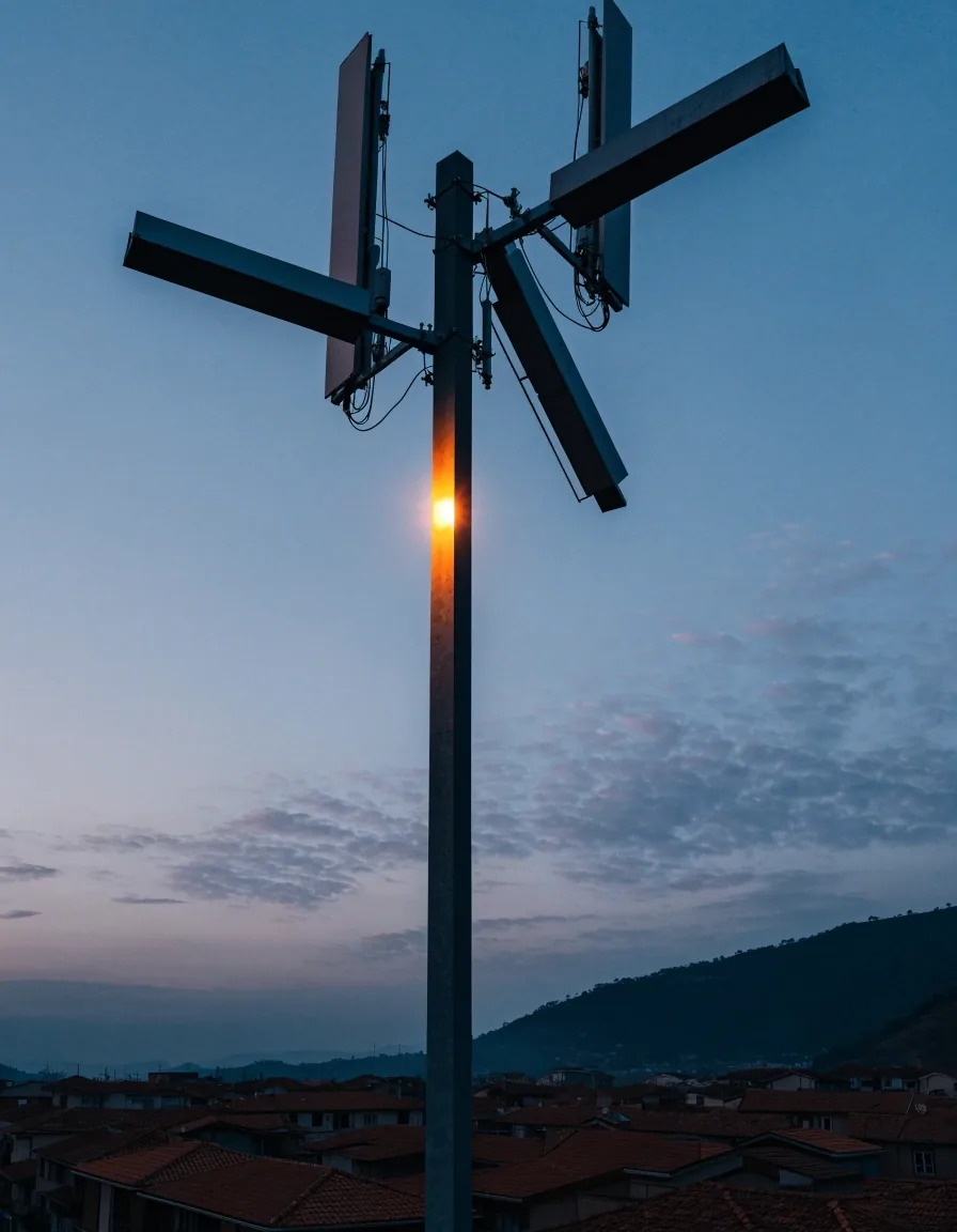 Antena de azotea contra el cielo del atardecer sobre tejados