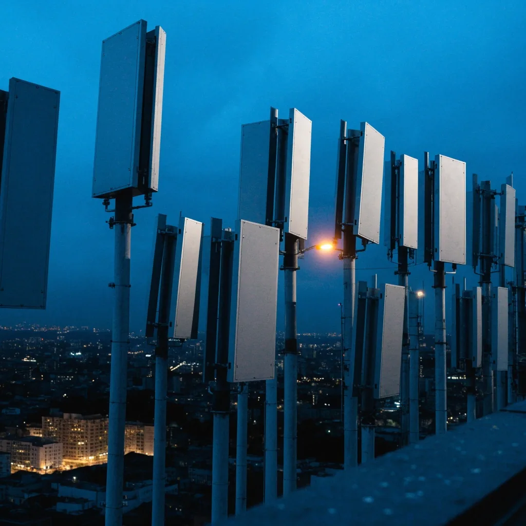 Antenas de telefonía en la azotea de un edificio de San José al anochecer
