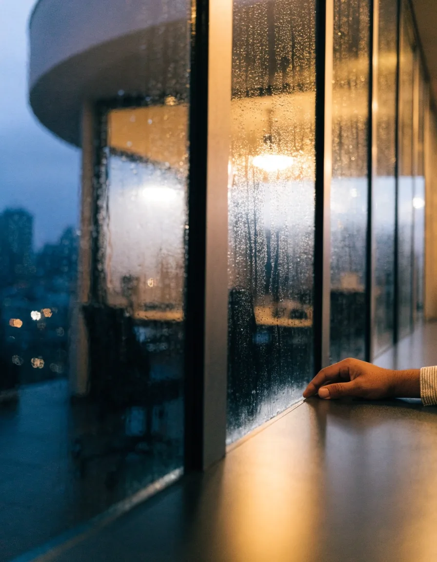 Interior de una oficina de atención en San José con mampara de vidrio y lluvia en la ventana